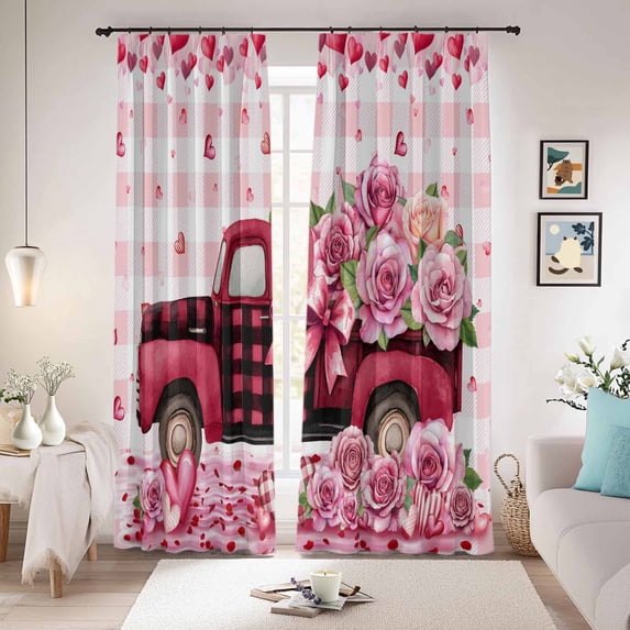 Valentine's Day Blackout Curtains for Bedroom/Living Room, Pinch Pleated Black Out Curtains, Pink Romantic Truck Love Roses Red Plaid Room Darkening Window Drapes with Hooks 2 Panels, 59"x70"