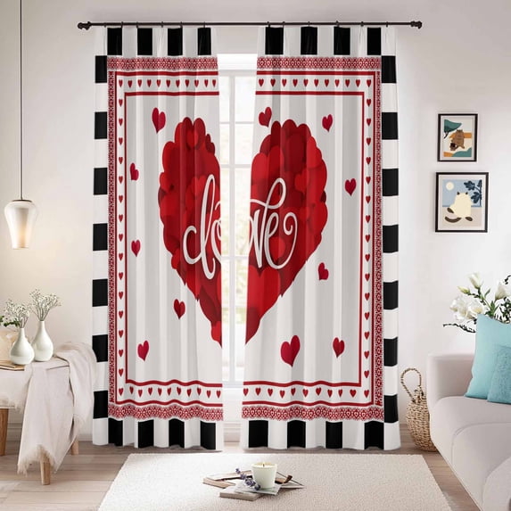Valentine's Day Blackout Curtains for Bedroom/Living Room, Pinch Pleated Black Out Curtains, Red Love Heart Plaid Modern Art Room Darkening Window Drapes with Hooks 2 Panels, 39"x70"