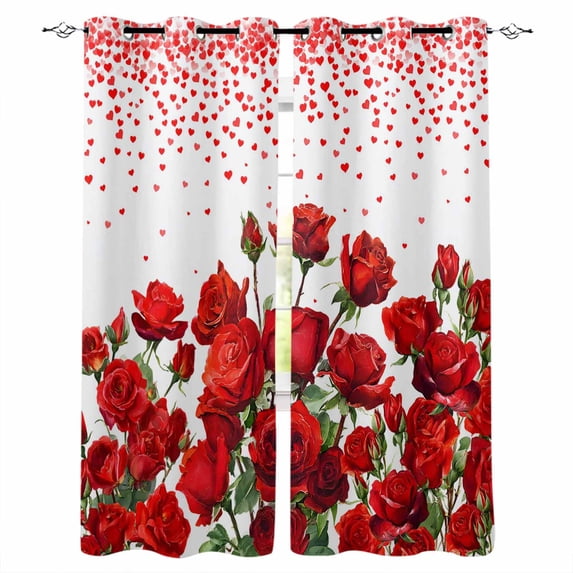 Valentine's Day Blackout Curtains for Bedroom/Living Room, Red Roses Love Hearts Romantic Thermal Insulated Kitchen Drapes with Grommets, Light Blocking Window Treatment, 2 Panels 27.5" x 39"