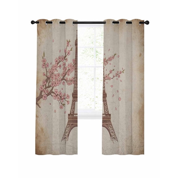 Valentine's Day Blackout Curtains for Bedroom Living Room, Vintage Romantic Pink Blossoming Paris Eiffel Tower 63 In Long Thermal Insulated Room Darkening Drapes Grommet Window Treatments, 52 x 63 In