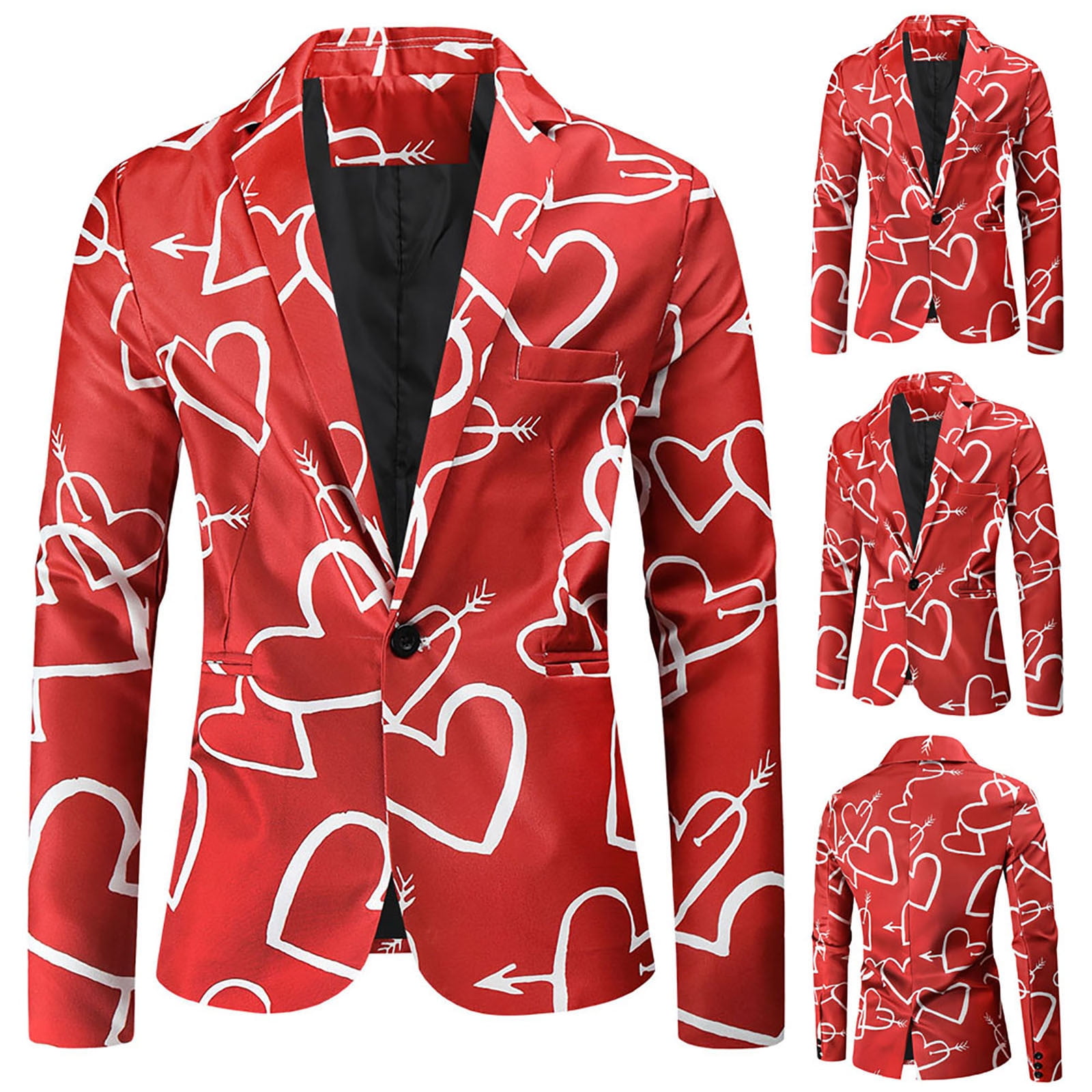 Valentine's Day Blazer for Men Heart Print Mens Suit Jacket Notch Lapel Slim  Fit One Button Party Casual Blazer Sports Coat 