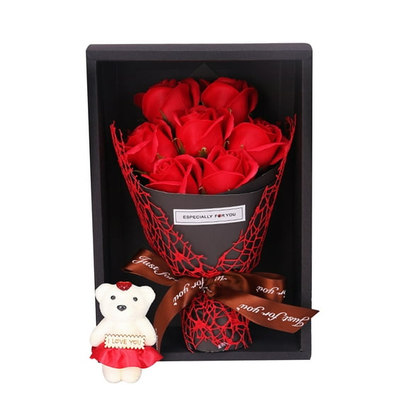 Valentine's Day Bouquet,Seven Roses Bouquet Artificials Flowers with Cute Bear,Suitable for Valentine's Day, Anniversaries or Birthdays Gifts(7.5x11.4inch)