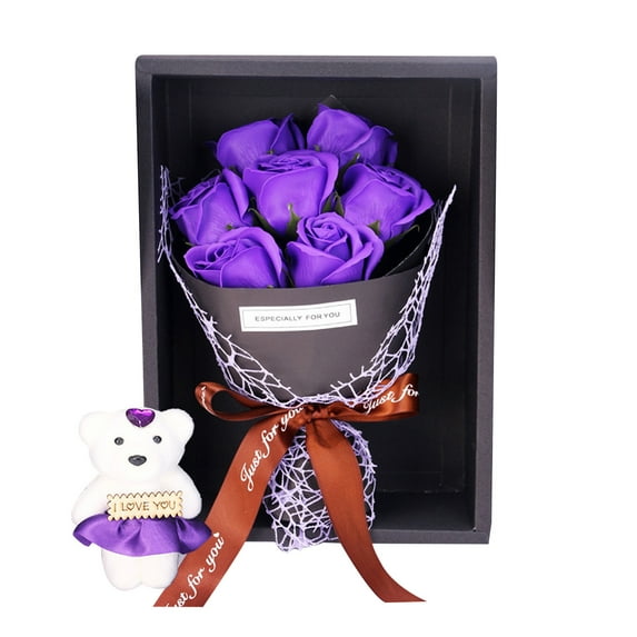 Valentine's Day Bouquet,Seven Roses Bouquet Artificials Flowers with Cute Bear,Suitable for Valentine's Day, Anniversaries or Birthdays Gifts(7.5x11.4inch)