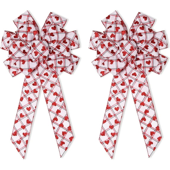Valentine's Day Bows 2 Pcs Valentine's Day Wreath Bow with Red White Checkered Heart Printed Gift Bow Tree Topper for Valentine's Day Mother's Day Wedding Holiday Front Door Home Decoration