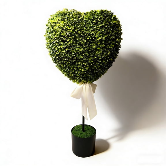 Valentine’s Day Boxwood Heart Topiary Decoration, 32 Inch Green and White with White Bow and Black Pot for Indoor Entryway or Tabletop Decor