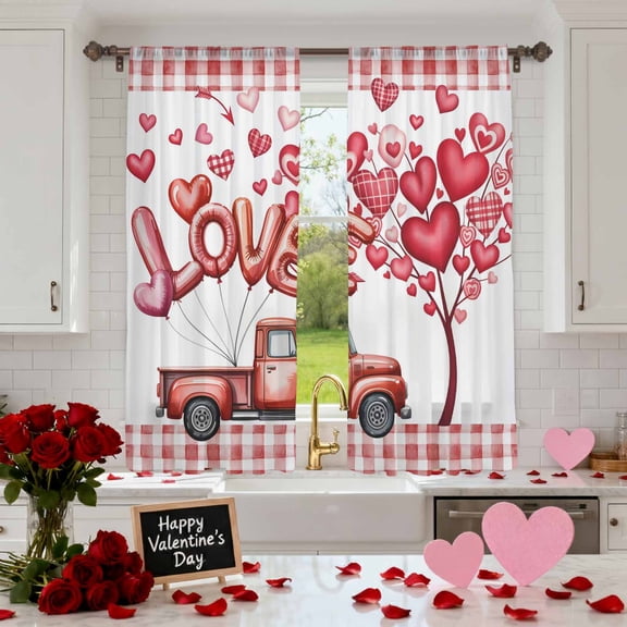 Valentine's Day Brown Truck Chiffon Sheer Curtains 63 Inches Long, Love Words Balloons 2 Rod Pocket Window Treatment Voile Drapes Curtains for Living Room Bedroom,2 Panels, 52x63In
