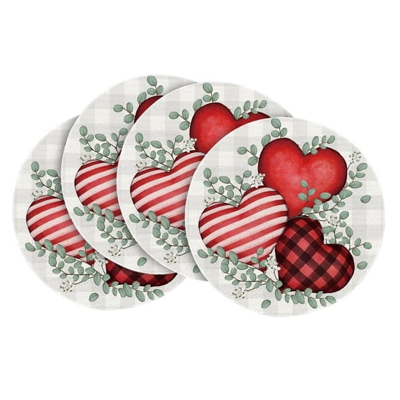 Valentine's Day Buffalo Plaid Eucalyptus Hearts Round Valentine Placemats Set of 4, 14 Inch Anniversary Wedding Round Table Mats for Dining Decoration A