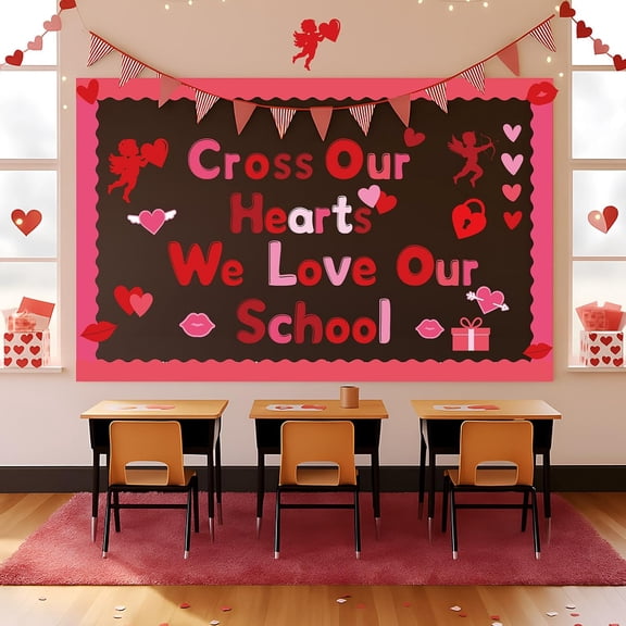 Valentine's Day Bulletin Board Decoration Set with Scalloped Borders and Letter Number Symbol Cutouts for School Decor