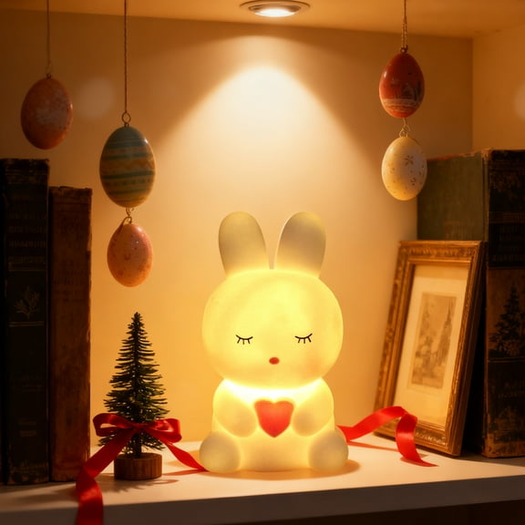 Valentine’s Day Bunny Night Light – Cute LED Heart Rabbit Table Lamp for Kids Room, Bedroom Decor, Holiday Party Lighting & Gift, Battery Operated Portable Lamp (White, 4.7in)