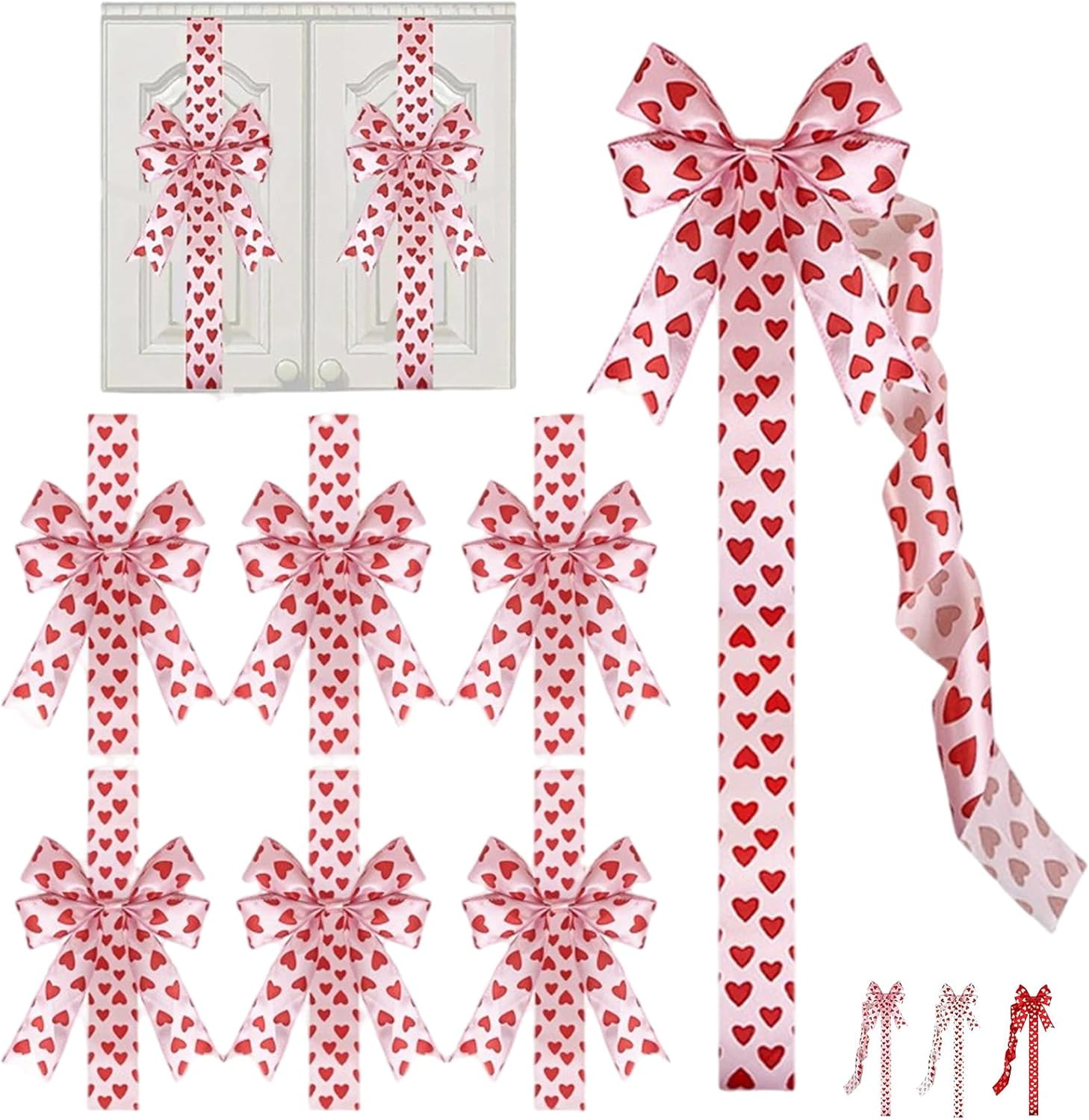 Valentine’s Day Cabinet Bows, Valentine’s Day Pink Heart Large Bow Decoration, 79 x 2.4 Inch Polyester Fringe Giant Heart Bows for Cabinet Doors, Reusable Valentine Home Decor(6pcs Pink)