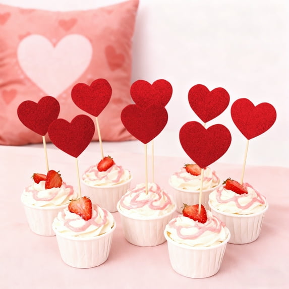 Valentine's Day Cake Toppers, Glitter Heart Flags, Paper Party Decorations, 20 Pack Assorted Designs For Desserts And Celebrations