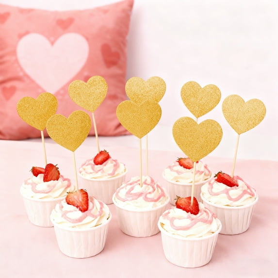 Valentine's Day Cake Toppers, Glitter Heart Flags, Paper Party Decorations, 20 Pack Assorted Designs For Desserts And Celebrations