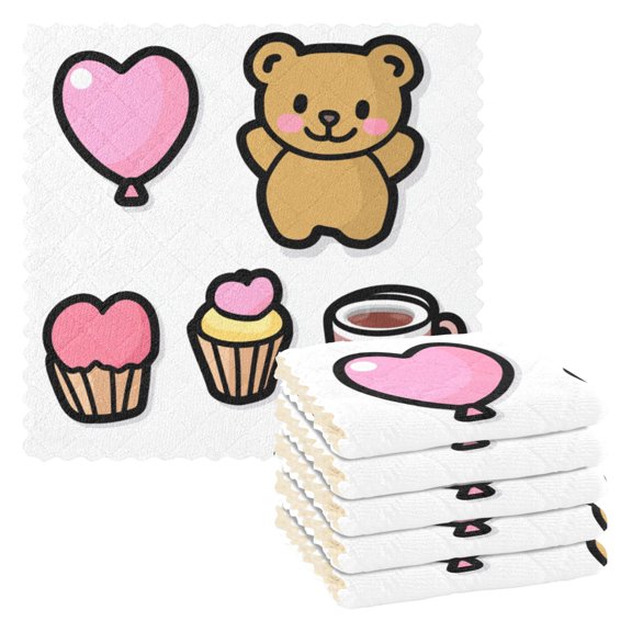Valentine's Day Cake and Bears 6 Pack Kitchen Cleaning Cloths 11'' x 11'', Super Absorbent, Soft Double Layer Plush for Dish and Surface Cleaning