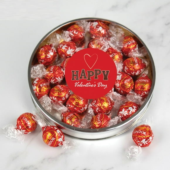 Valentine's Day Candy Gift Tin with Chocolate Lindor Truffles by Lindt Large Plastic Tin with Sticker - By Just Candy