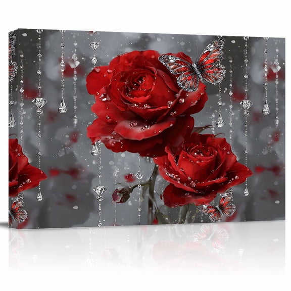 Valentine's Day Canvas Print Wall Art Rainy Romantic Diamonds Red Roses Floral Butterfly Pictures Painting Morden Artwork for Living Room Bedroom, Ready to Hang - 12"x16"
