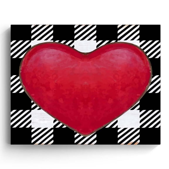 Valentine's Day Canvas Wall Art Decor - Red Heart on black and white plaid Background, Romantic Home Canvas Wall Art Decor for Bedroom and Living Room, Unique Gift for Valentine Season