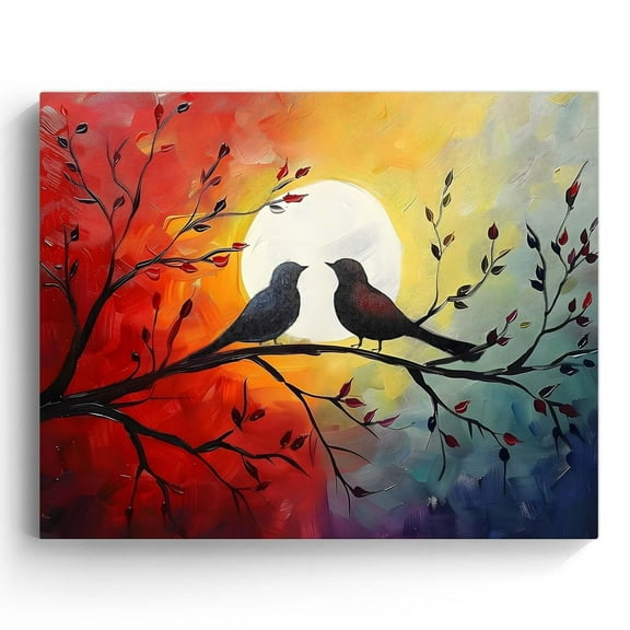 Valentine's Day Canvas Wall Art Decor - Romantic Sunset Painting of Two Birds on a Branch, Colorful Abstract Oil Art for Living Room or Bedroom, Love-Themed Canvas Wall Art Decor