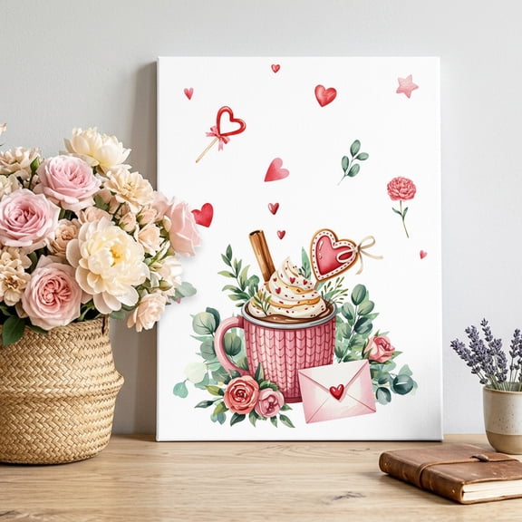 Valentine's Day Canvas Wall Art Framed Wall Decor for Living Room Bedroom Bathroom, Vintage Pink Cappuccino Cup Roses Floral Loves Leaf Canvas Pictures Ready to Hang Decor, 12"x18"