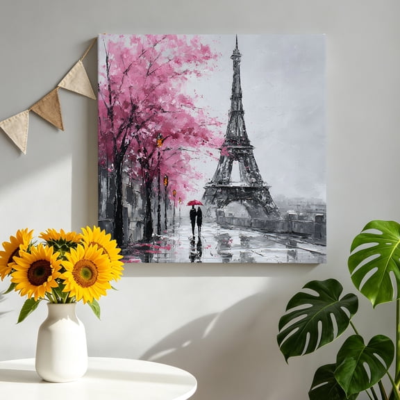 Valentine's Day Canvas Wall Art for Living Room, Oil-Painting Couple under Pink Umbrella Paris Eiffel Tower Tree Poster Print Painting for Bedroom Office Decor Wall Pictures Prepare To Hang 8"x8"