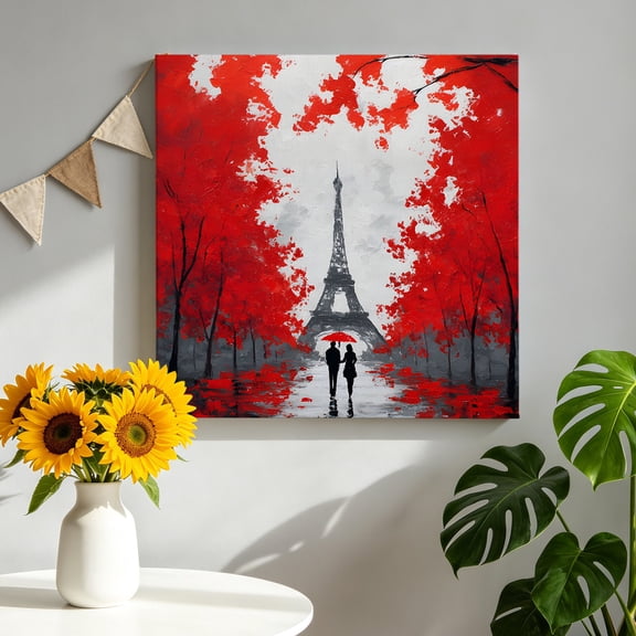 Valentine's Day Canvas Wall Art for Living Room, Rainy Couple under Red Umbrella Paris Eiffel Tower Red Leaves Poster Print Painting for Bedroom Office Home Decor Wall Pictures Prepare To Hang 8"x8"