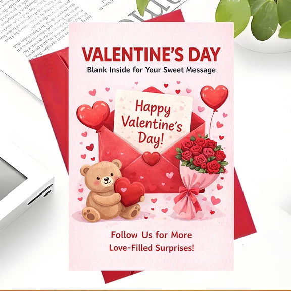 Valentine's Day Card  Cute Bear with Hearts and Roses Design  Blank Inside for Personal Messages  Includes Envelope  Perfect for Sweetheart, Wife, Girlfriend, or Loved Ones