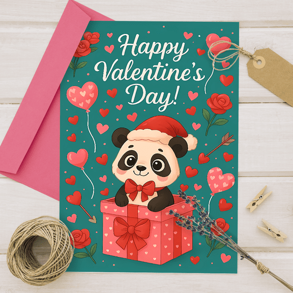 Valentine's Day Card with Cute Panda in Gift Box "Happy Valentine's Day!" Envelope Included, Blank Inside Perfect for Sweethearts, Friends, or Family