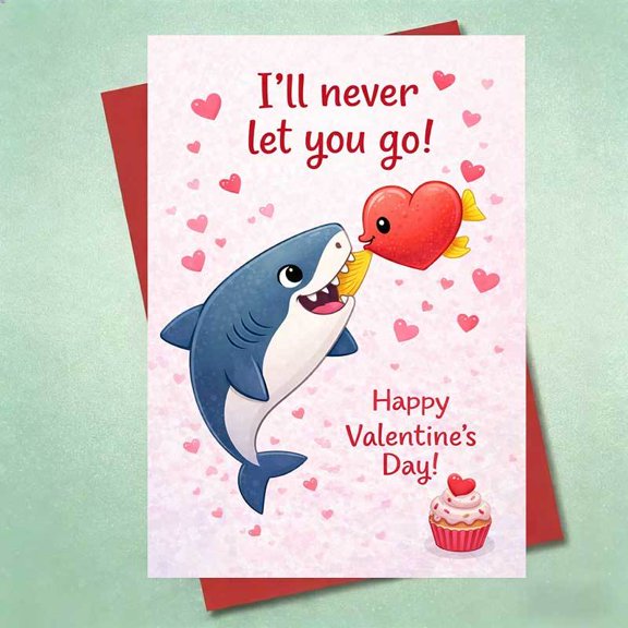 Valentine's Day Card - Cute Shark & Heart Character Design - "I'll Never Let You Go!" - Blank Inside, Envelope Included - Perfect for Loved Ones and Sweethearts