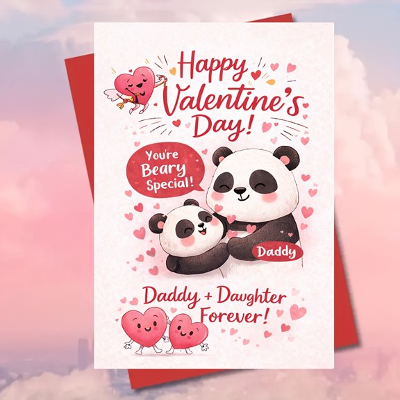 Valentine's Day Card for Daddy and Daughter "You're Beary Special!" Panda Design Envelope Included, Blank Inside Perfect Gift for Valentine's Day