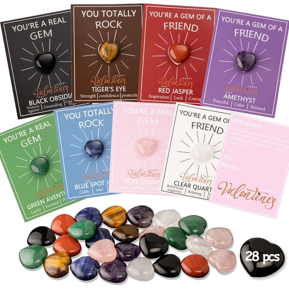 Valentine's Day Card Set, 28 Pack Cute Greeting Cards with Heart-Shape Crystals Gemstones, Valentines Day Gifts for Classroom Exchange, Party Favors, Office Friends Expressing Love