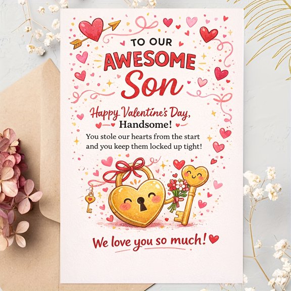 Valentine's Day Card for Son  "To Our Awesome Son"  Heartfelt Message, Colorful Design, Envelope Included  Perfect Gift for Valentine's Day or Other Special Occasions