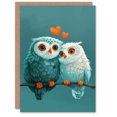 thumbnail image 1 of Valentine's Day Card Two Cute Owls in Love Night Blue Sky Branch Blank Arty Art All Occasion Greeting Card, 1 of 3