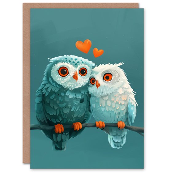 Valentine's Day Card Two Cute Owls in Love Night Blue Sky Branch Blank Arty Art All Occasion Greeting Card
