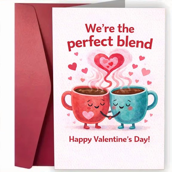 Valentine's Day Card "We're the Perfect Blend" Coffee Cup Design Envelope Included, Blank Inside Ideal for Couples, Lovers, and Friends on Valentine's Day