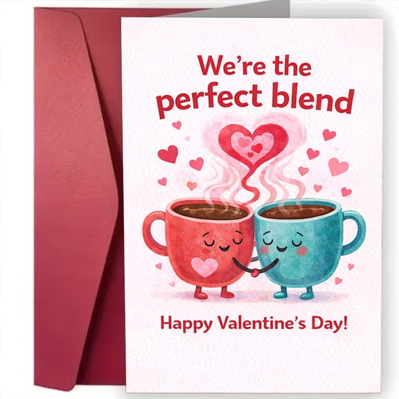 Valentine's Day Card "We're the Perfect Blend" Cute Coffee Cups Design Envelope Included, Blank Inside Sweet Gift for Loved Ones