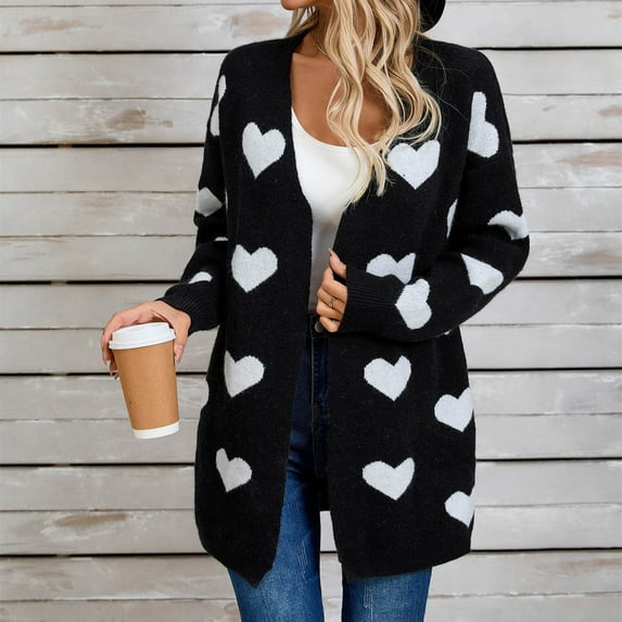 Valentine's Day Cardigan, Knitted Heart Sweater Women, Long Sleeve Sweater Cardigan for Women Loose Love Valentine's Day Knitted Sweater Cardigan Sweater Jacket