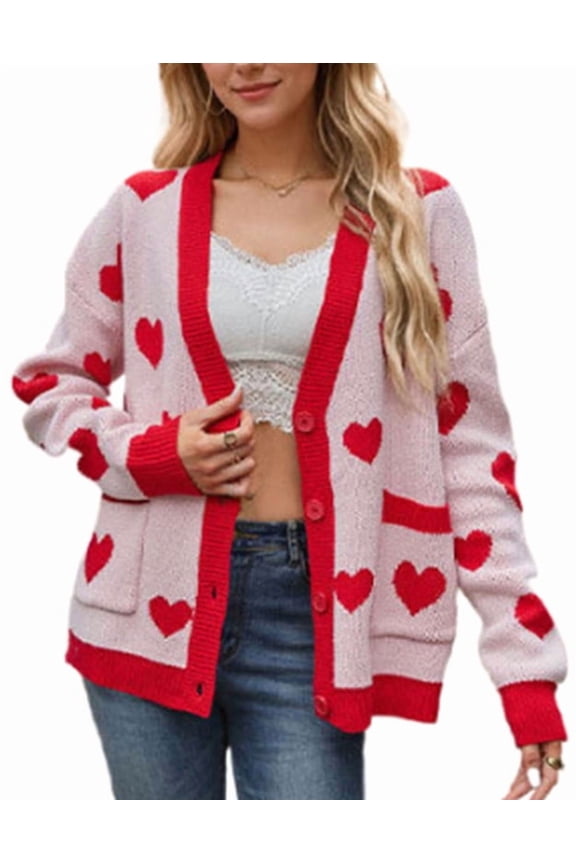 Valentine's Day Cardigans for Women Cute Heart Printed V-Neck Button Down Cardigan Sweaters with Pockets Shermie