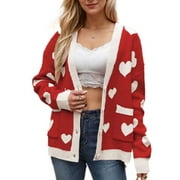 Valentine's Day Cardigans for Women Cute Heart Printed V-Neck Button Down Cardigan Sweaters with Pockets Shermie