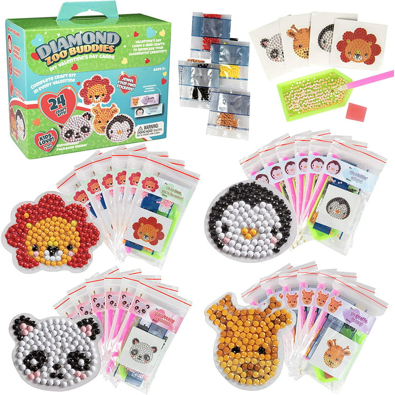 Kid's Valentine's Day Cards + Diamond Painting Kits - Zoo Buddies (24ct) - Card & Craft Gift for Boys and Girls - Animal Paint by Numbers & Gem