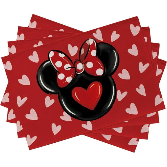 Valentine''s Day Cartoon Mouse Placemats Set of 4, Red Black Love Hearts Polka Dots Bow Holiday Dining Table Place Mats, Anniversary Wedding Kitchen Decor Home Decoration 12 x 18 Inch