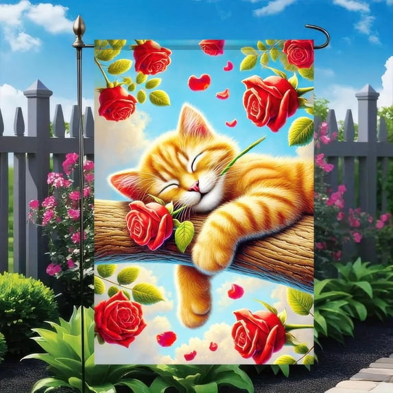 Valentine’s Day Cat Garden Flag 12x18 Inch Double Sided Sleeping Cat with Roses Design Small Outdoor Yard Flag Love Animal Banner for Porch Lawn Patio Spring Valentine Decor