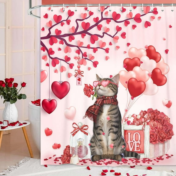 Valentine''s Day Cat Shower Curtain, Spring Romantic Love Red Hearts Tree Decor Bath Curtains, Rose Flower Gift Valentines with Hooks Fabric Seasonal Bathroom Sets 72X84Inch