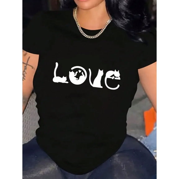 Valentine's Day Cat Silhouette Love Graphic Women Casual Crew Neck Tee