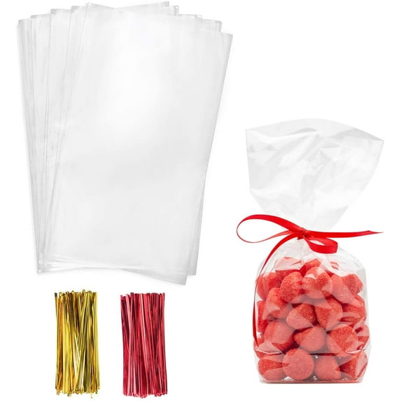 Valentine's Day Cello Cellophane Treat Bags,6x12 Inches Cellophane Bags 200 Pcs with Twist Ties Plastic Cello Bags for Packaging Dessert,Bakery, Candies,Cookies,Chocolate,Party Favors