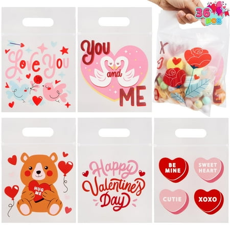 Joyfy 36 Pcs Valentine's Day Cellophane Bag with Designs,Candy Goody Treat Gifts Bags for Kids Classroom,Valentine Bags for Kids