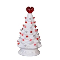 Valentine's Day Ceramic Tree 6.7in Lighted White Christmas Tree with Heart Topper and 2 Colors LED Bulbs Battery Operated Xmas Tree Tabletop Centerpiece Decoration