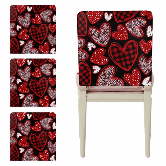 Valentine's Day Chair Back Covers Set of 4, Abstract Lines Red Black Leopard Love Plaid Heart Stretch Dining Chair Back Slipcovers Removable Seat Cover for Kitchen Restaurant Hotel Cafe