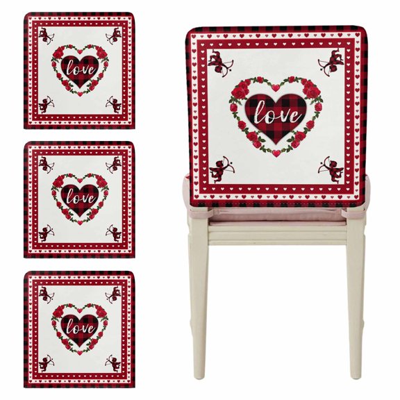 Valentine's Day Chair Back Covers Set of 4, Red Black Buffalo Plaid Love Hearts Arrows Stretch Dining Chair Back Slipcovers Removable Seat Cover for Kitchen Restaurant Hotel Cafe