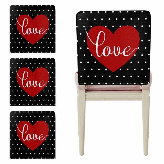 Valentine's Day Chair Back Covers Set of 4, Red Love Heart Black Wave Point Stretch Dining Chair Back Slipcovers Removable Seat Cover for Kitchen Restaurant Hotel Cafe