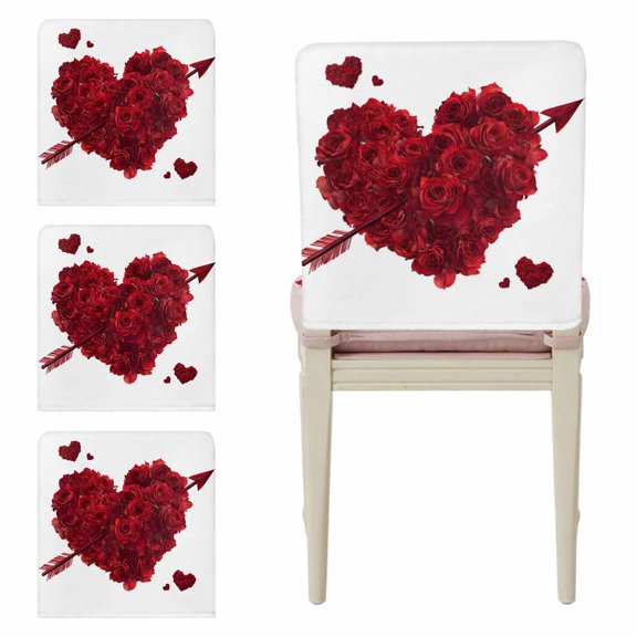 Valentine's Day Chair Back Covers Set of 4, Red Rose Flower Love Heart Arrow Decoration Stretch Dining Chair Back Slipcovers Removable Seat Cover for Kitchen Restaurant Hotel Cafe