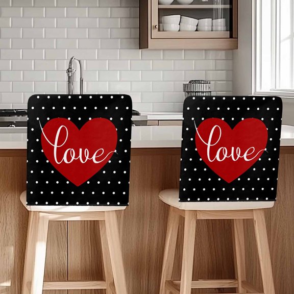 Valentine's Day Chair Covers Set of 8 Red Love Heart Black Wave Point Chair Back Covers Stretch Removable Washable Slipcovers Protector for Dining Room Kitchen Party Decor